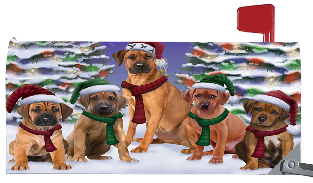 Magnetic Mailbox Cover Rhodesian Ridgebacks Dog Christmas Family Portrait in Holiday Scenic Background MBC48246