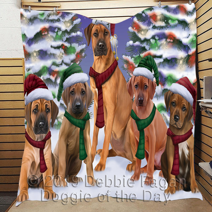 Rhodesian Ridgeback Dogs Christmas Family Portrait in Holiday Scenic Background Quilt