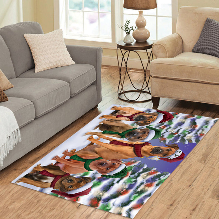 Rhodesian Ridgeback Dogs Christmas Family Portrait in Holiday Scenic Background Area Rug