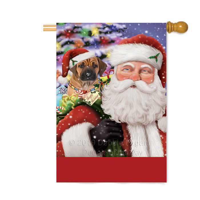 Personalized Santa Carrying Rhodesian Ridgeback Dog and Christmas Presents Custom House Flag FLG-DOTD-A63509