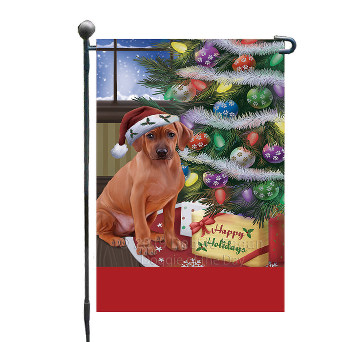 Personalized Christmas Happy Holidays Rhodesian Ridgeback Dog with Tree and Presents Custom Garden Flags GFLG-DOTD-A58659