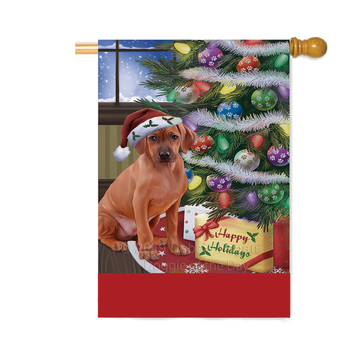 Personalized Christmas Happy Holidays Rhodesian Ridgeback Dog with Tree and Presents Custom House Flag FLG-DOTD-A58715