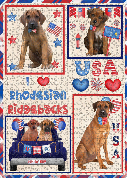 4th of July Independence Day I Love USA Rhodesian Ridgeback Dogs Portrait Jigsaw Puzzle for Adults Animal Interlocking Puzzle Game Unique Gift for Dog Lover's with Metal Tin Box