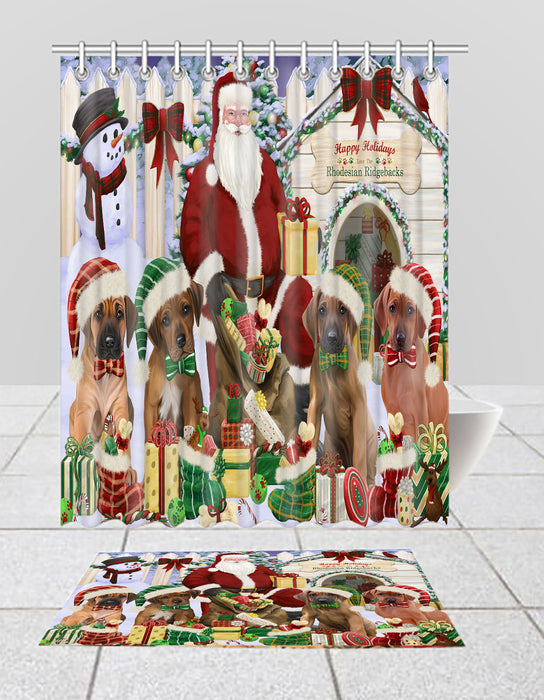 Happy Holidays Christmas Rhodesian Ridgeback Dogs House Gathering Bath Mat and Shower Curtain Combo