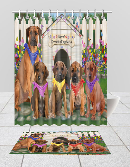 Spring Dog House Rhodesian Ridgeback Dogs Bath Mat and Shower Curtain Combo