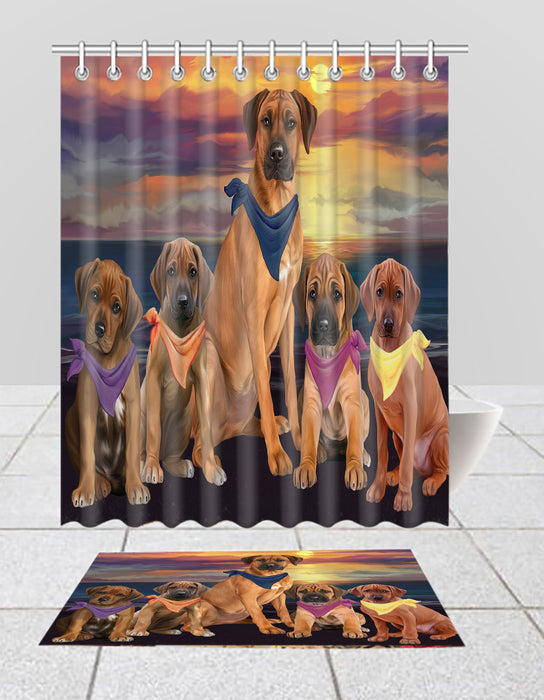 Family Sunset Portrait Rhodesian Ridgeback Dogs Bath Mat and Shower Curtain Combo