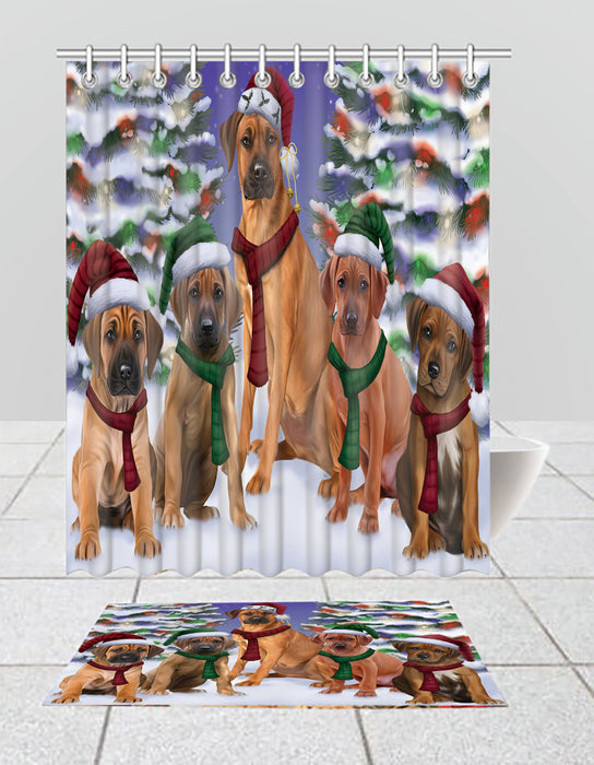 Rhodesian Ridgeback Dogs Christmas Family Portrait in Holiday Scenic Background  Bath Mat and Shower Curtain Combo
