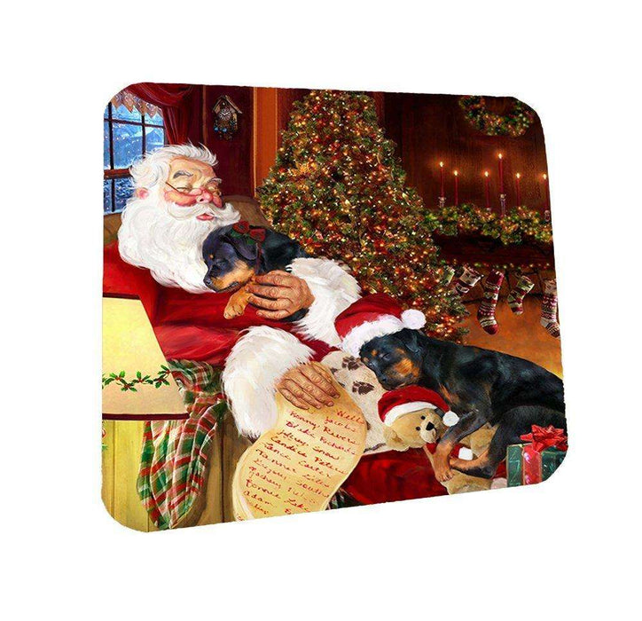 Rottweiler Dog and Puppies Sleeping with Santa Coasters Set of 4