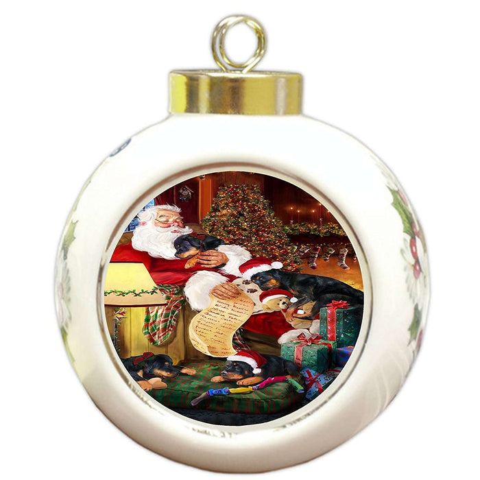 Rottweiler Dog and Puppies Sleeping with Santa Round Ball Christmas Ornament