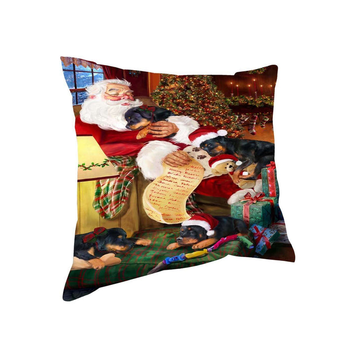 Rottweiler Dog and Puppies Sleeping with Santa Throw Pillow