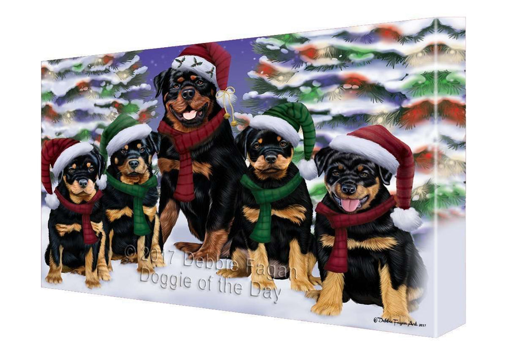 Rottweiler Dog Christmas Family Portrait in Holiday Scenic Background Canvas Wall Art