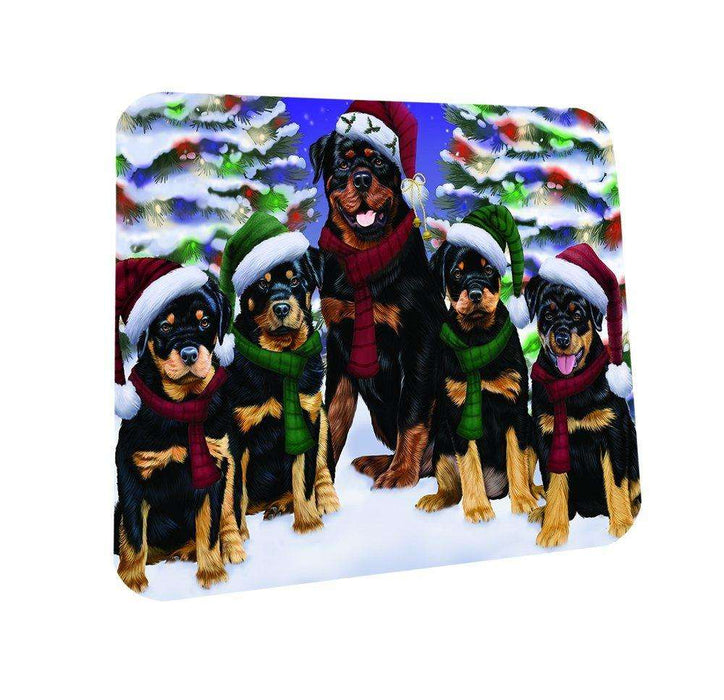 Rottweiler Dog Christmas Family Portrait in Holiday Scenic Background Coasters Set of 4