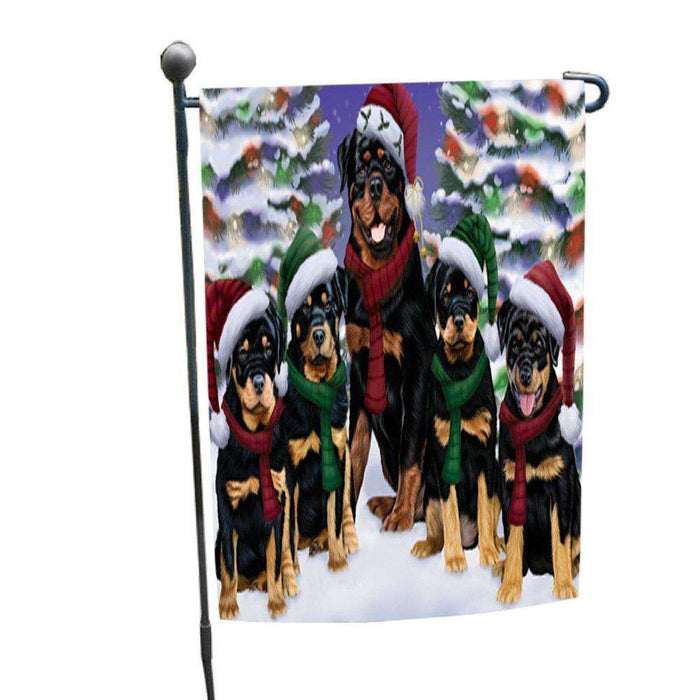 Rottweiler Dog Christmas Family Portrait in Holiday Scenic Background Garden Flag