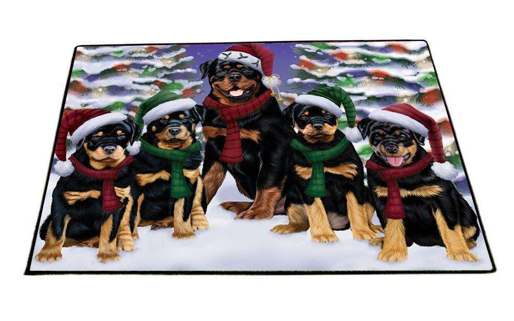 Rottweiler Dog Christmas Family Portrait in Holiday Scenic Background Indoor/Outdoor Floormat