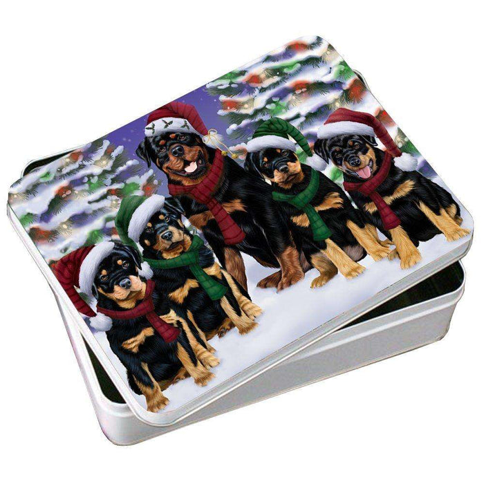 Rottweiler Dog Christmas Family Portrait in Holiday Scenic Background Photo Storage Tin