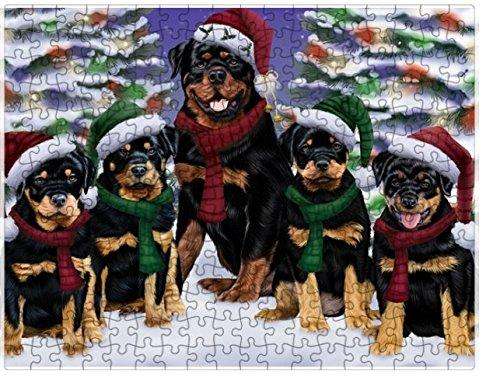 Rottweiler Dog Christmas Family Portrait in Holiday Scenic Background Puzzle with Photo Tin