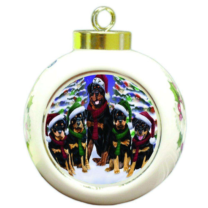 Rottweiler Dog Christmas Family Portrait in Holiday Scenic Background Round Ball Ornament D148