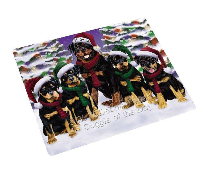 Rottweiler Dog Christmas Family Portrait in Holiday Scenic Background Tempered Cutting Board