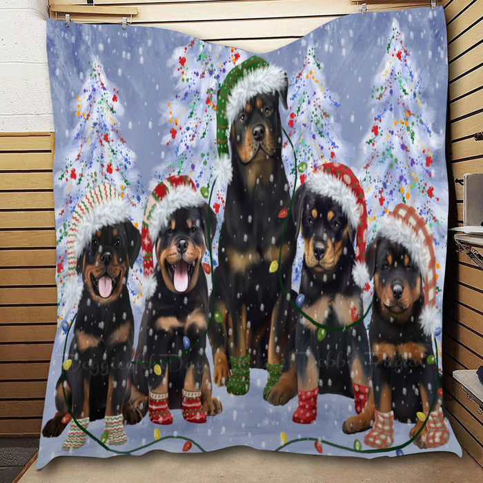 Christmas Lights and Rottweiler Dogs  Quilt Bed Coverlet Bedspread - Pets Comforter Unique One-side Animal Printing - Soft Lightweight Durable Washable Polyester Quilt