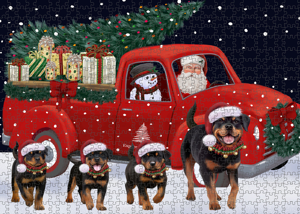 Christmas Express Delivery Red Truck Running Rottweiler Dogs Puzzle with Photo Tin PUZL99792