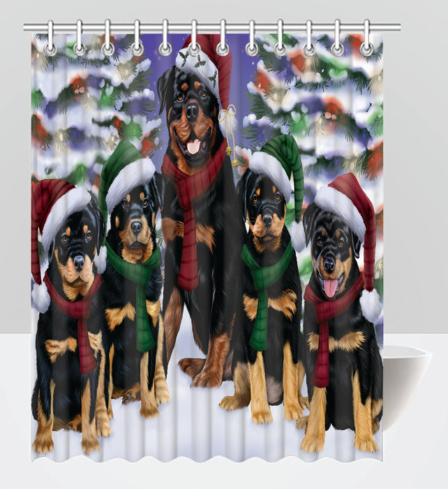 Rottweiler Dogs Christmas Family Portrait in Holiday Scenic Background Shower Curtain