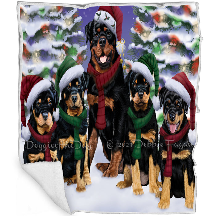 Rottweiler Dog Christmas Family Portrait in Holiday Scenic Background Art Portrait Print Woven Throw Sherpa Plush Fleece Blanket