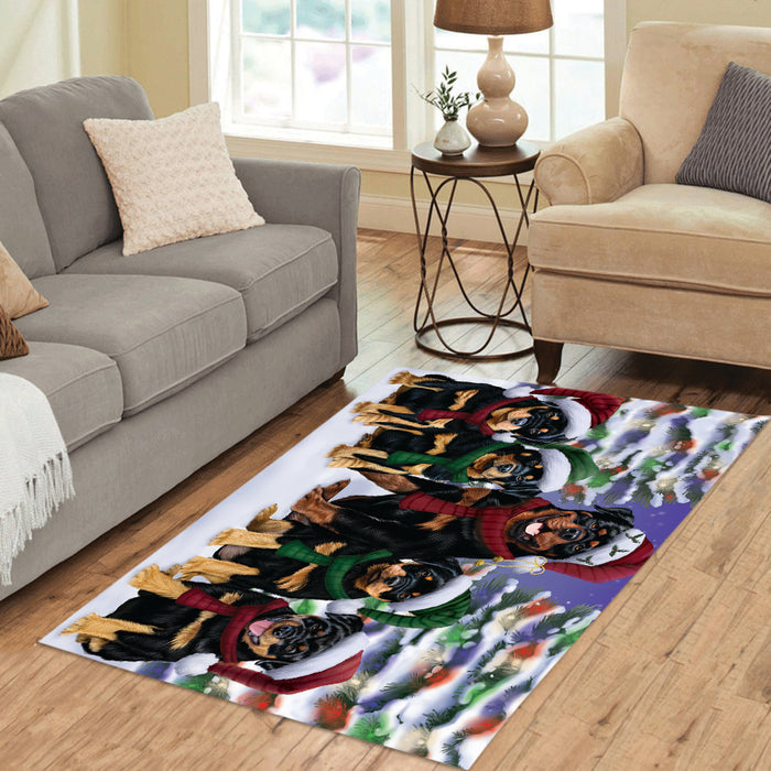 Rottweiler Dogs Christmas Family Portrait in Holiday Scenic Background Area Rug