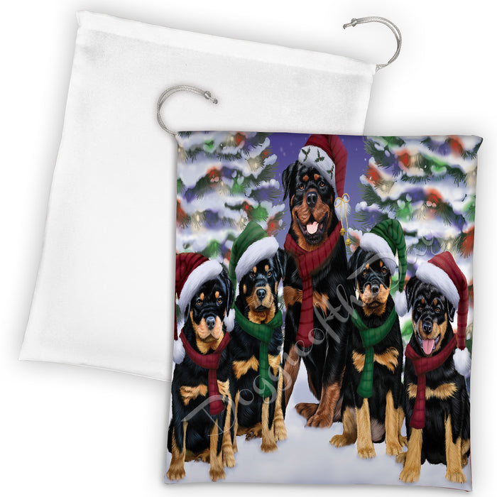Rottweiler Dogs Christmas Family Portrait in Holiday Scenic Background Drawstring Laundry or Gift Bag LGB48168