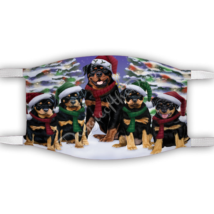 Rottweiler Dogs Christmas Family Portrait in Holiday Scenic Background Face Mask FM48370