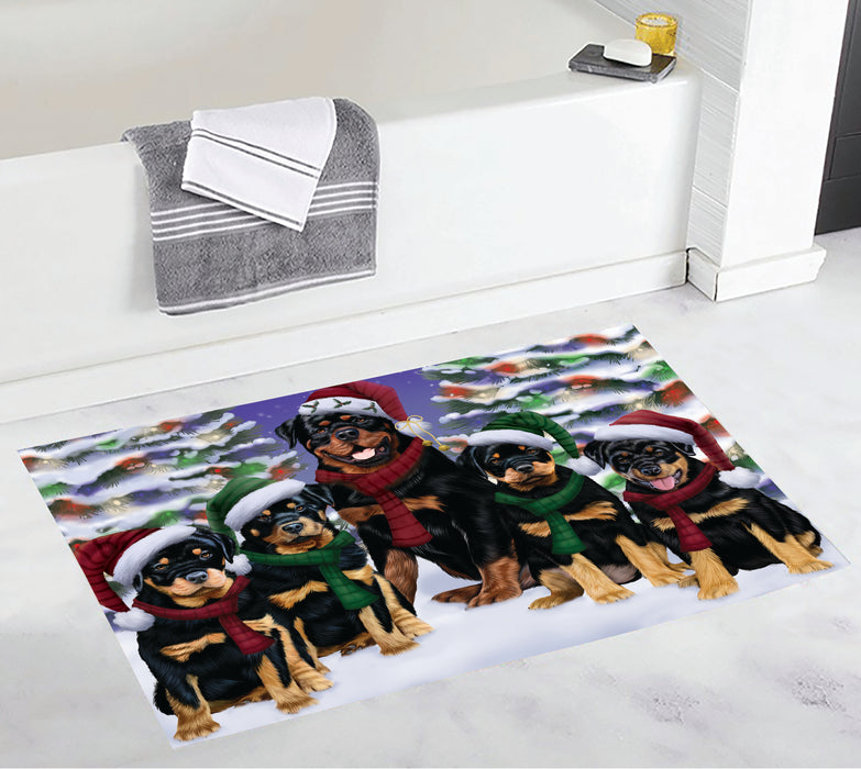 Rottweiler Dogs Christmas Family Portrait in Holiday Scenic Background Bath Mat