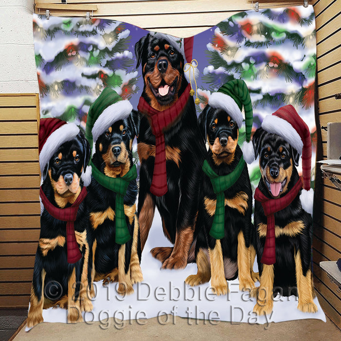 Rottweiler Dogs Christmas Family Portrait in Holiday Scenic Background Quilt