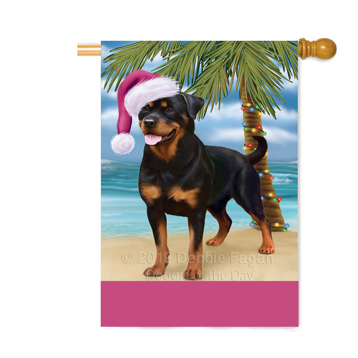 Personalized Summertime Happy Holidays Christmas Rottweiler Dog on Tropical Island Beach Custom House Flag FLG-DOTD-A60580