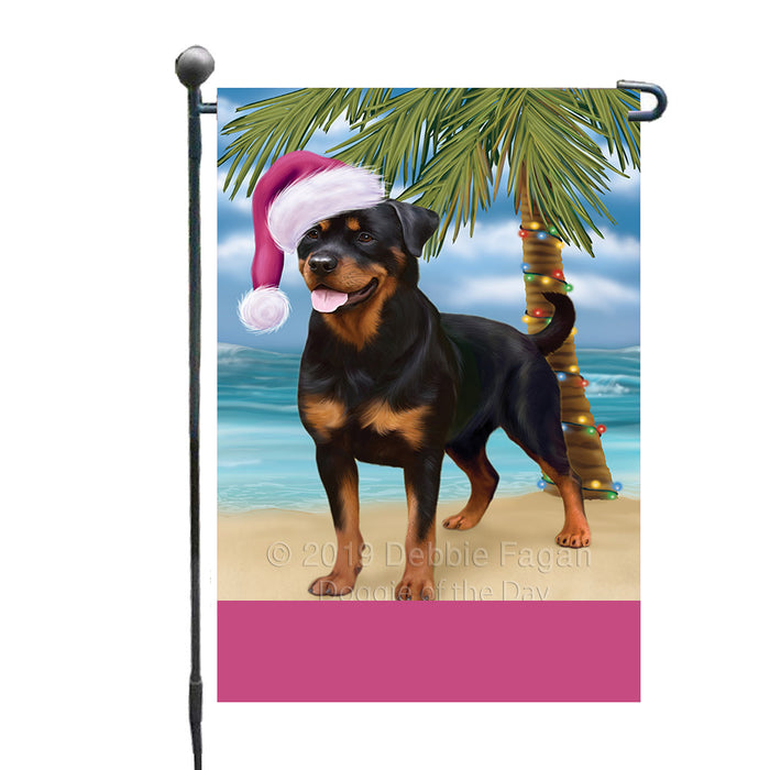 Personalized Summertime Happy Holidays Christmas Rottweiler Dog on Tropical Island Beach  Custom Garden Flags GFLG-DOTD-A60524