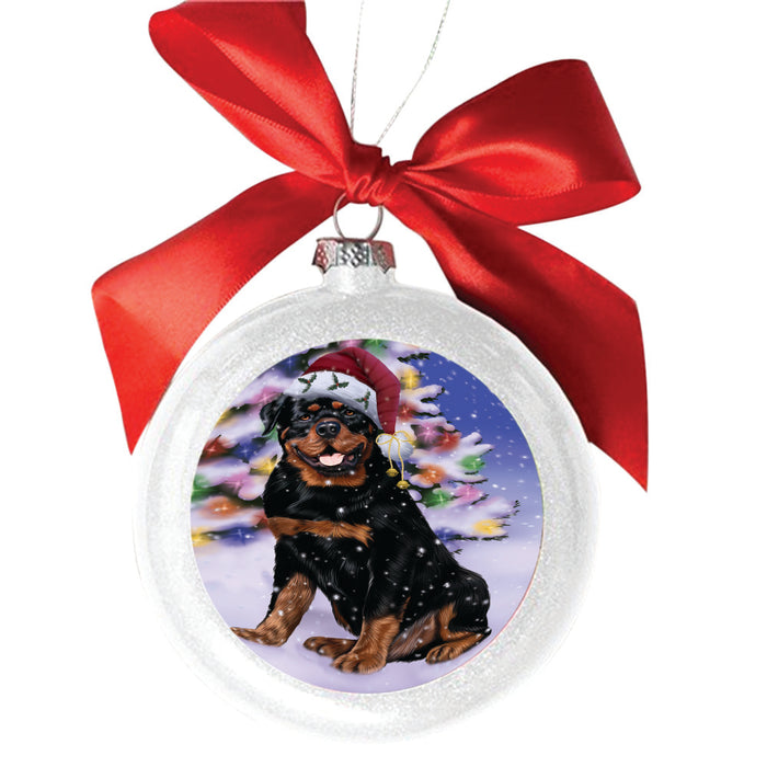 Winterland Wonderland Rottweiler Dog In Christmas Holiday Scenic Background White Round Ball Christmas Ornament WBSOR49626