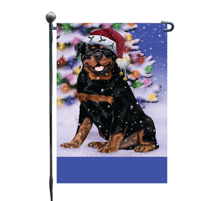 Personalized Winterland Wonderland Rottweiler Dog In Christmas Holiday Scenic Background Custom Garden Flags GFLG-DOTD-A61379