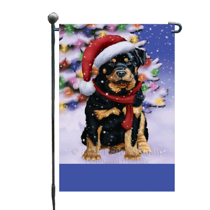 Personalized Winterland Wonderland Rottweiler Dog In Christmas Holiday Scenic Background Custom Garden Flags GFLG-DOTD-A61380