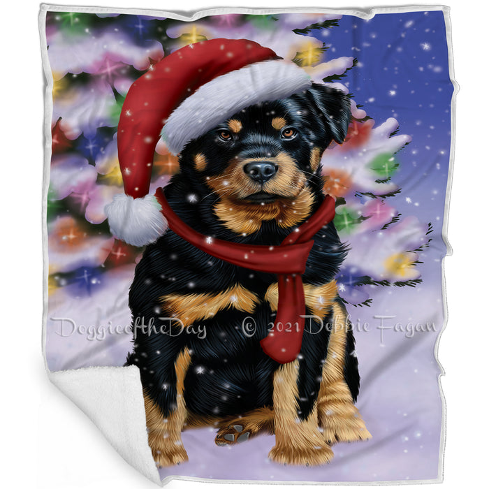 Winterland Wonderland Rottweiler Puppy Dog In Christmas Holiday Scenic Background Blanket