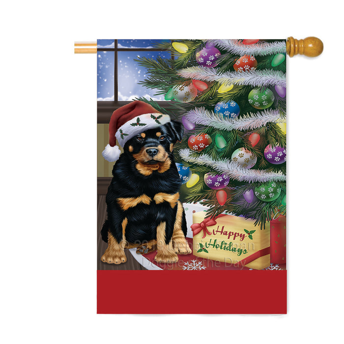 Personalized Christmas Happy Holidays Rottweiler Dog with Tree and Presents Custom House Flag FLG-DOTD-A58716