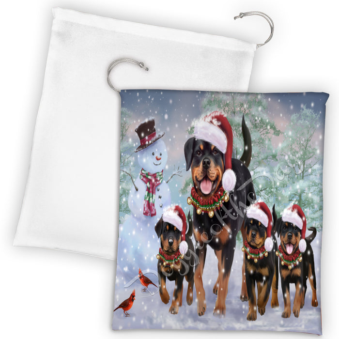 Christmas Running Fammily Rottweiler Dogs Drawstring Laundry or Gift Bag LGB48246