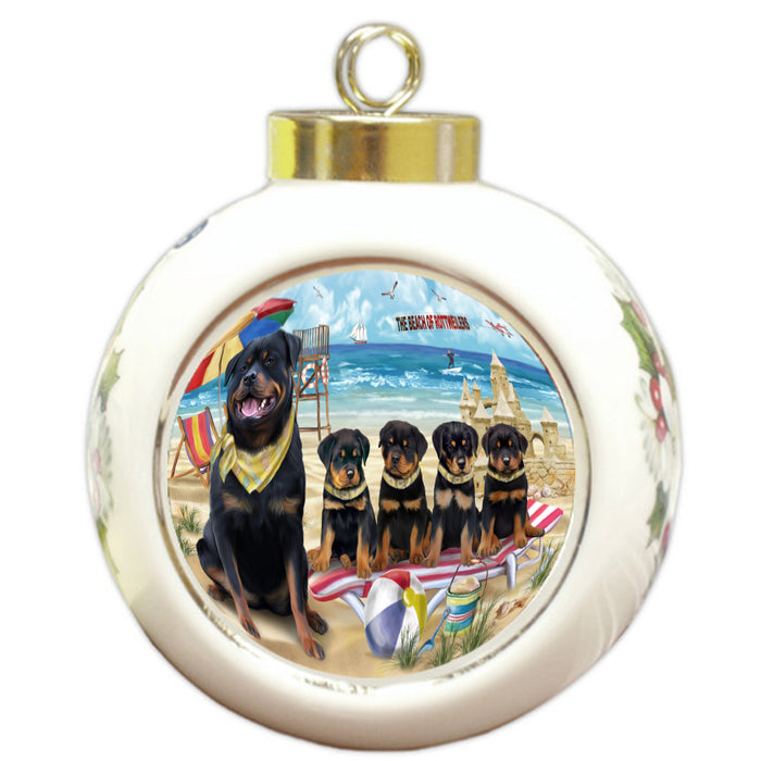 Pet Friendly Beach Rottweiler Dogs Round Ball Christmas Ornament Pet Decorative Hanging Ornaments for Christmas X-mas Tree Decorations - 3" Round Ceramic Ornament