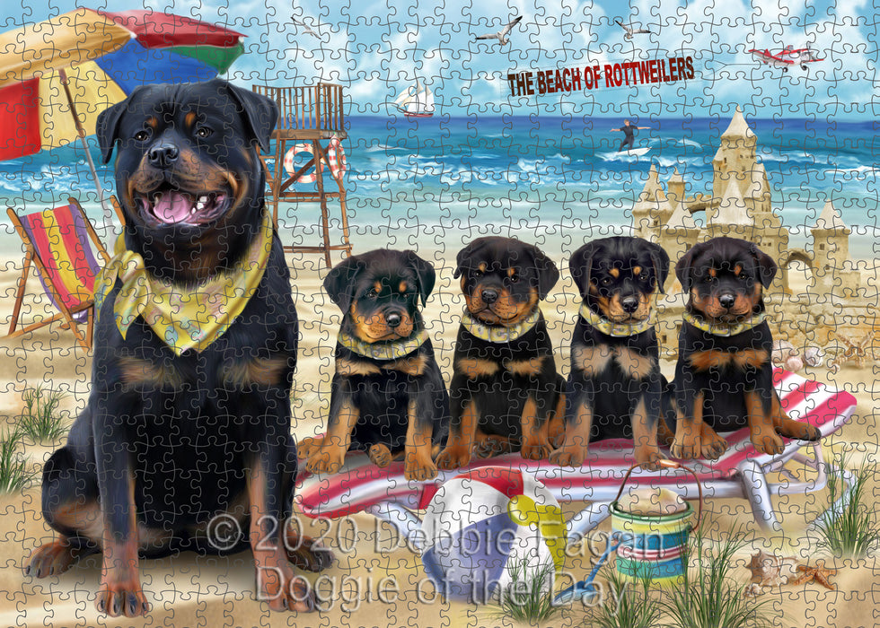 Pet Friendly Beach Rottweiler Dogs Portrait Jigsaw Puzzle for Adults Animal Interlocking Puzzle Game Unique Gift for Dog Lover's with Metal Tin Box