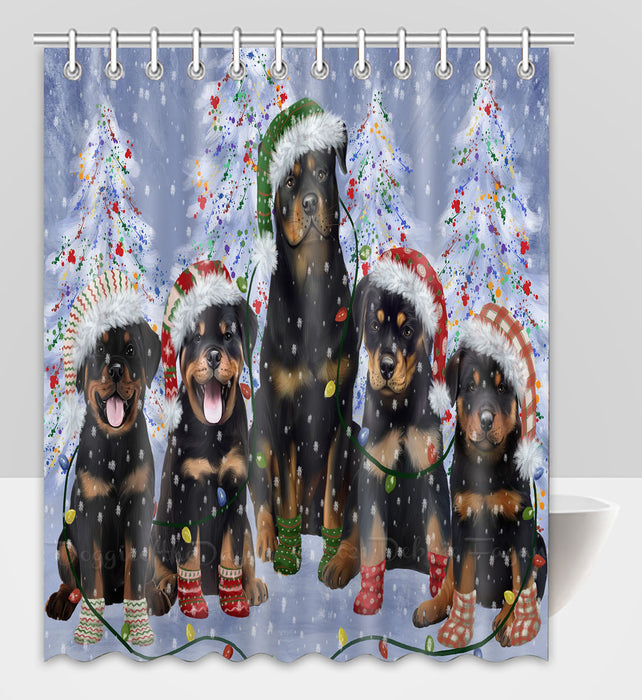 Christmas Lights and Rottweiler Dogs Shower Curtain Pet Painting Bathtub Curtain Waterproof Polyester One-Side Printing Decor Bath Tub Curtain for Bathroom with Hooks