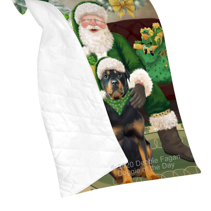 Christmas Irish Santa with Gift and Rottweiler Dog Quilt Bed Coverlet Bedspread - Pets Comforter Unique One-side Animal Printing - Soft Lightweight Durable Washable Polyester Quilt