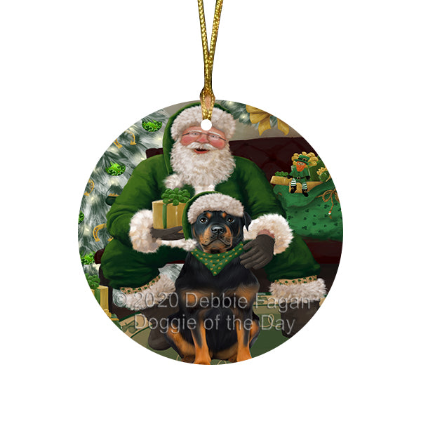 Christmas Irish Santa with Gift and Pug Dog Round Flat Christmas Ornament RFPOR57958