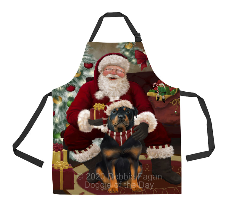 Santa's Christmas Surprise Rottweiler Dog Apron - Adjustable Long Neck Bib for Adults - Waterproof Polyester Fabric With 2 Pockets - Chef Apron for Cooking, Dish Washing, Gardening, and Pet Grooming