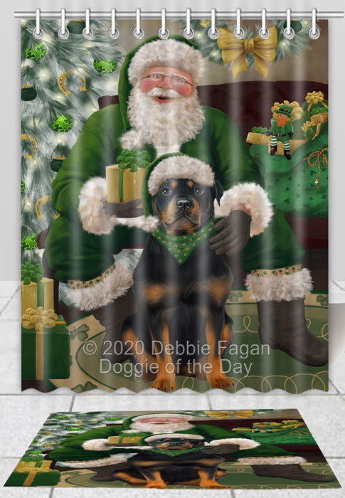 Christmas Irish Santa with Gift Rottweiler Dog Bath Mat and Shower Curtain Combo