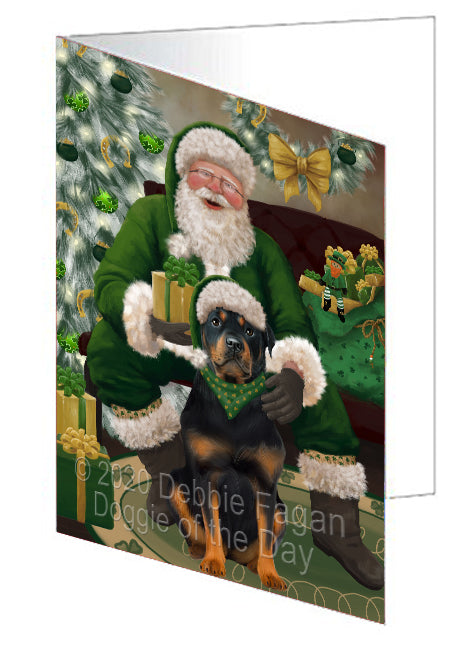 Christmas Irish Santa with Gift and Rottweiler Dog Handmade Artwork Assorted Pets Greeting Cards and Note Cards with Envelopes for All Occasions and Holiday Seasons GCD75950