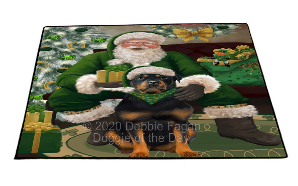Christmas Irish Santa with Gift and Rottweiler Dog Indoor/Outdoor Welcome Floormat - Premium Quality Washable Anti-Slip Doormat Rug FLMS57253