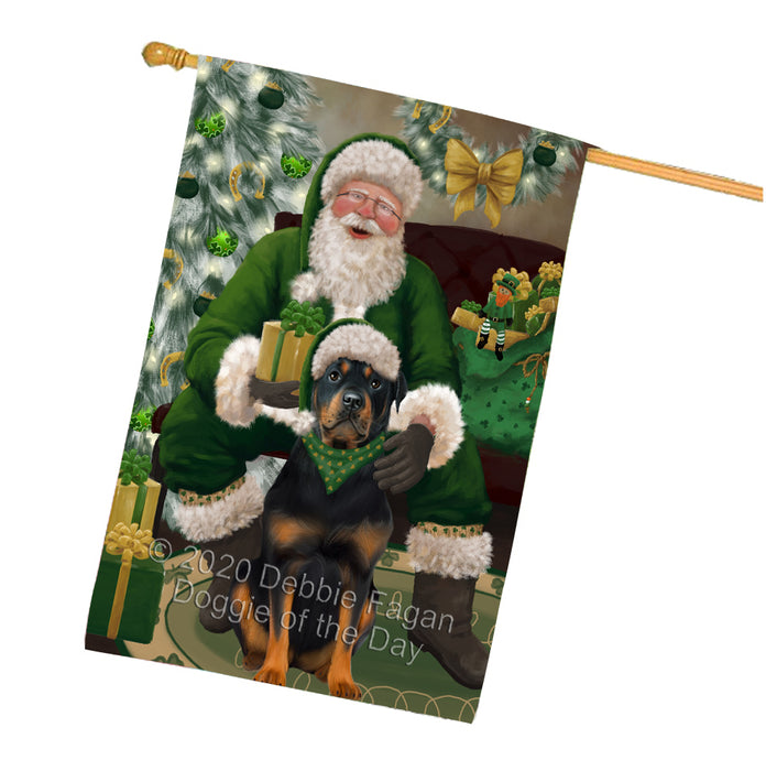 Christmas Irish Santa with Gift and Rottweiler Dog House Flag FLG66732