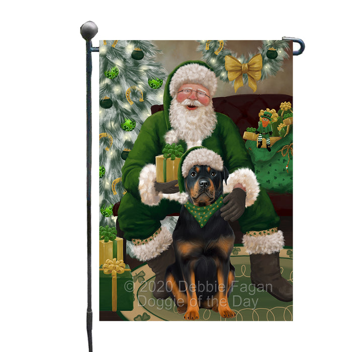 Christmas Irish Santa with Gift and Rottweiler Dog Garden Flag GFLG66676
